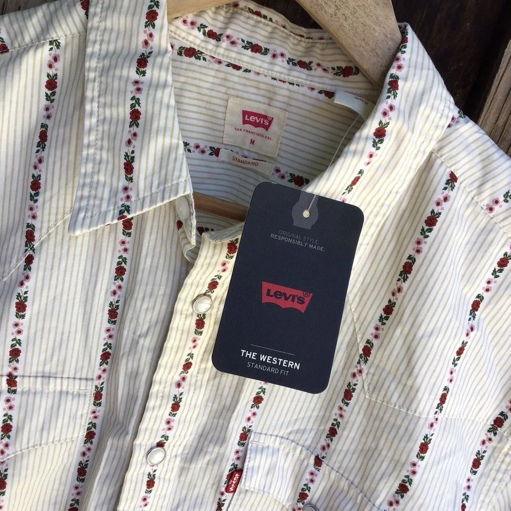 Levi's Western Snap Shirt Floral Stripe Standard Fit Pearl Snap Men's Medium NWT